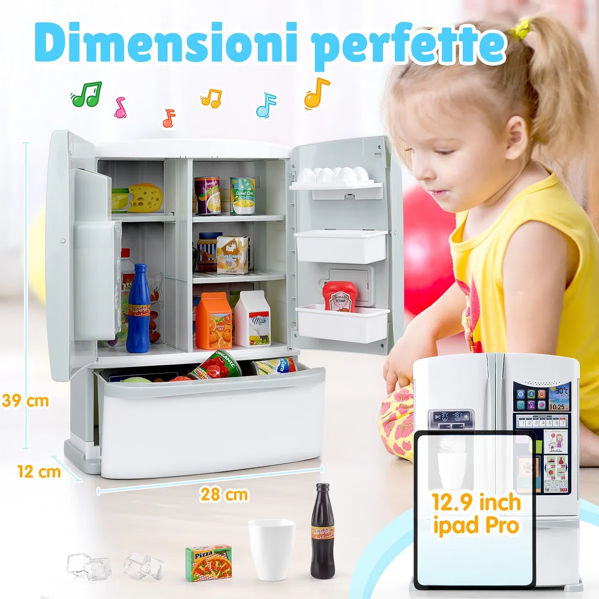 PLAY Frigorifero Giocattolo, Accessori Cucina con Frigo Giocattolo, Giocattoli Alimentari, Cubetti di Ghiaccio, Effetti Sonori Realistici, Set di Cucina Giocattolo per Bambini da 3+ Anni - Bianco