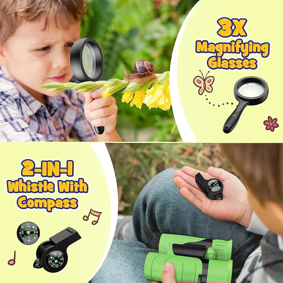 Dislocati Binocolo Bambini, Kit Esploratore 3-10 Anni, Regali 3-10 Anni, Lente Ingrandimento, Giochi Maschio, Bussola