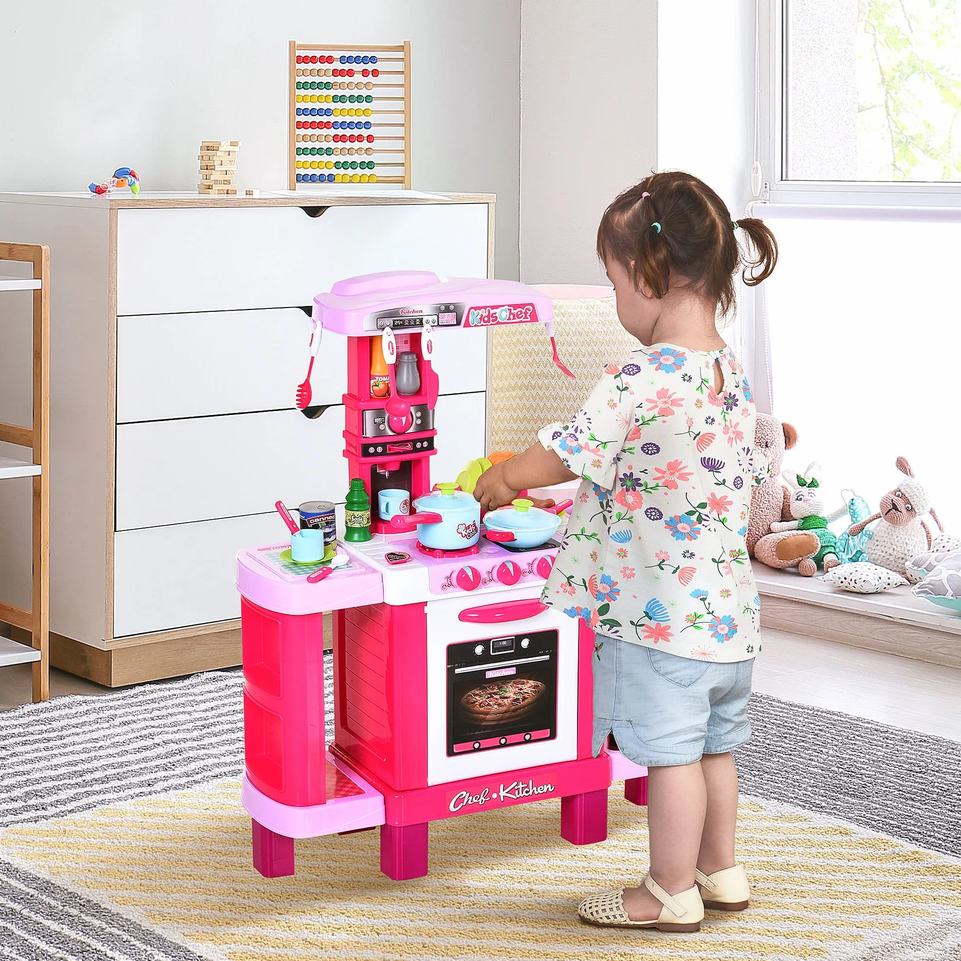 HOMCOM Cucina Giocattolo per Bambini con 38 Accessori Inclusi, Gioco con Luci e Suoni Realistici, 78x29x87cm, Rosa