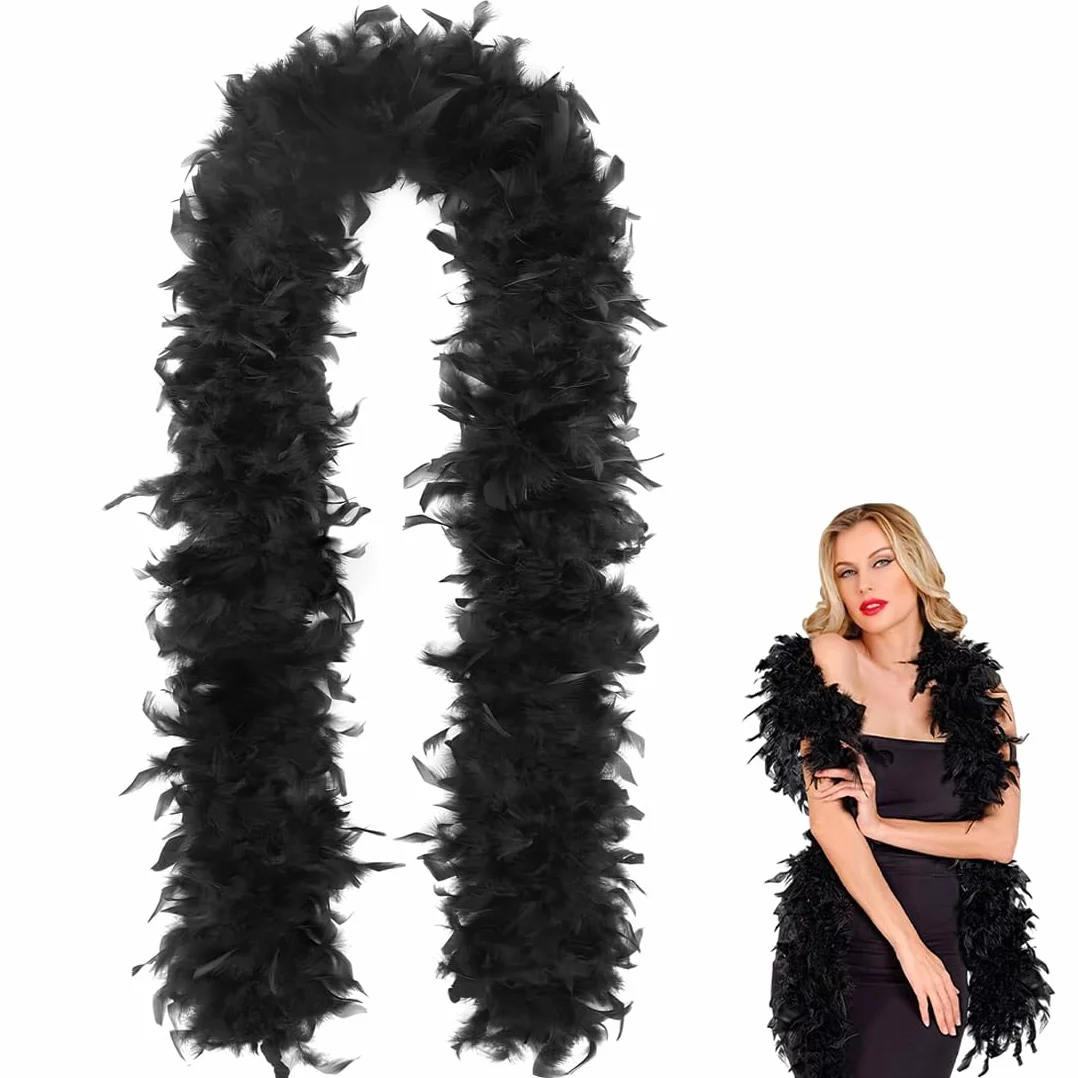 1 PCS Boa di piume nero, Sciarpa di p-iume nere, 2 m, Applicabile a feste, carnevale, Pride, Natale, donne, unisex, accessori, sciarpa di piu-me,bo-a pi-ume