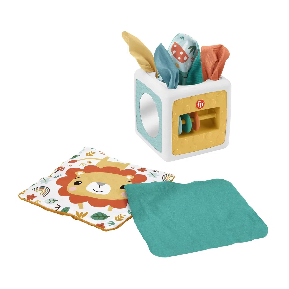 Fisher-Price - Cubetto Baby attività, Scatola di fazzoletti in Tessuto per Il Gioco sensoriale, Include 2 Tessuti Morbidi e 4 Pannelli per attività, Giocattolo per Bambini, 3+ Mesi, HML64