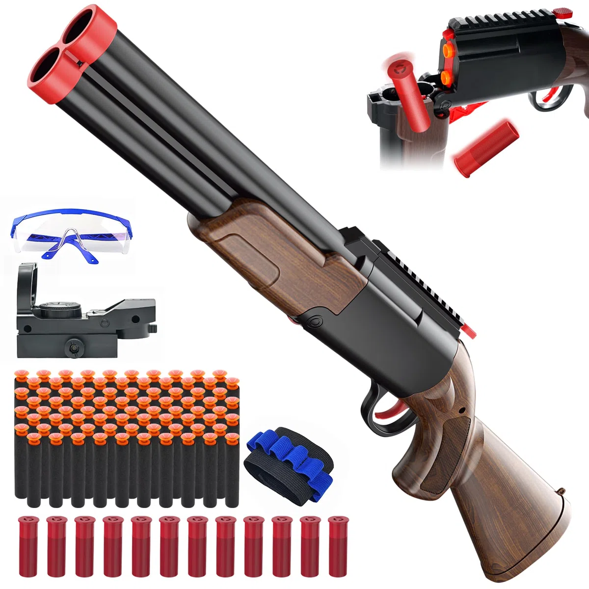 Pistola Giocattolo, Giocattolo a Doppia Canna, Giocattolo con 80 Proiettili Molli e Pistola esplosiva in schiuma EVA e 12 gusci vuoti, Regali di Compleanno di di Natale per Ragazzi Giovani 8 + Anni