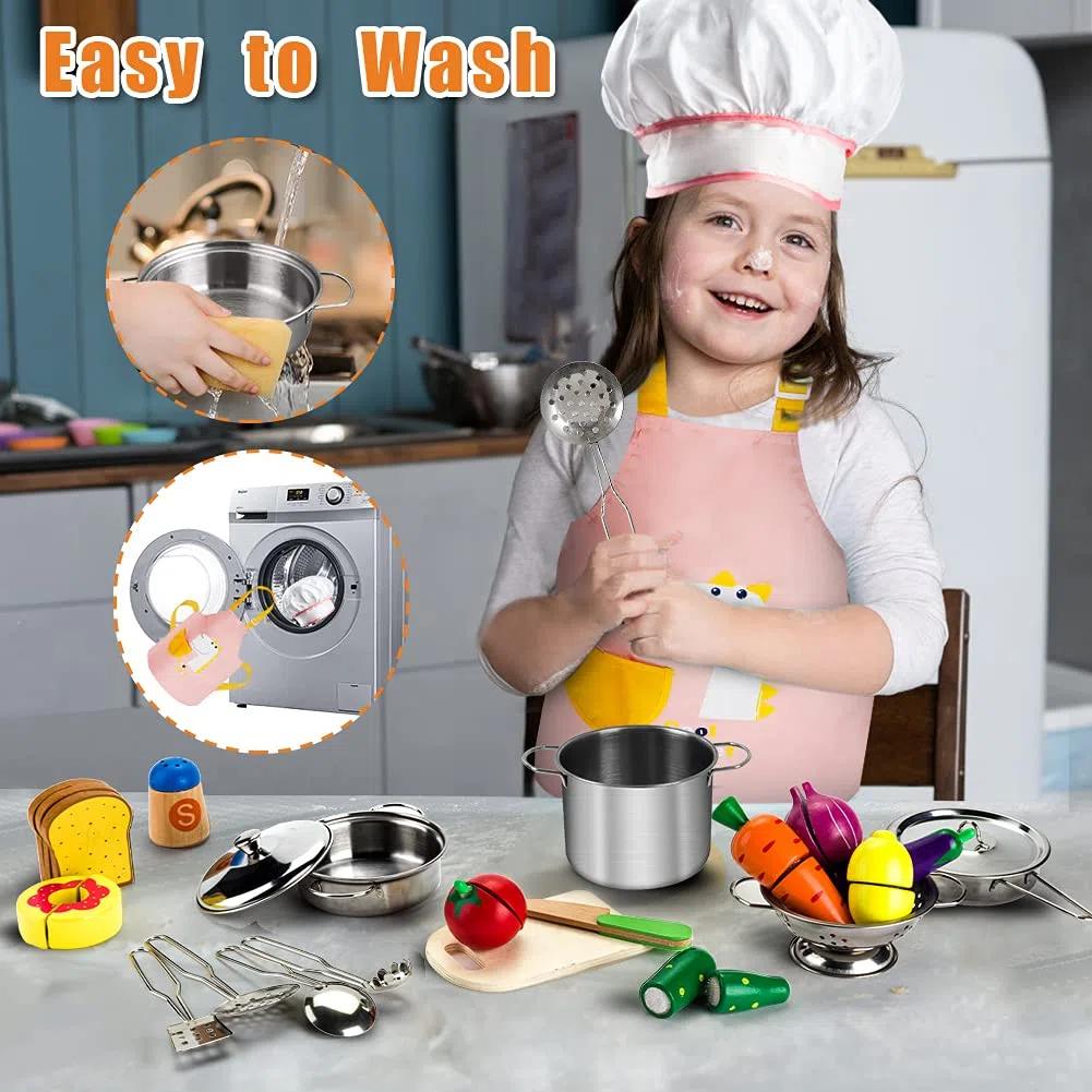 Sundaymot Giocattoli da Cucina per Bambini, Accessori Cucina Bambini con Acciaio Inossidabile Pentole Set, Grembiule e Cappello, Taglio Cibo Verdura Chef Gioco di Ruolo Set per Ragazze e Ragazzi