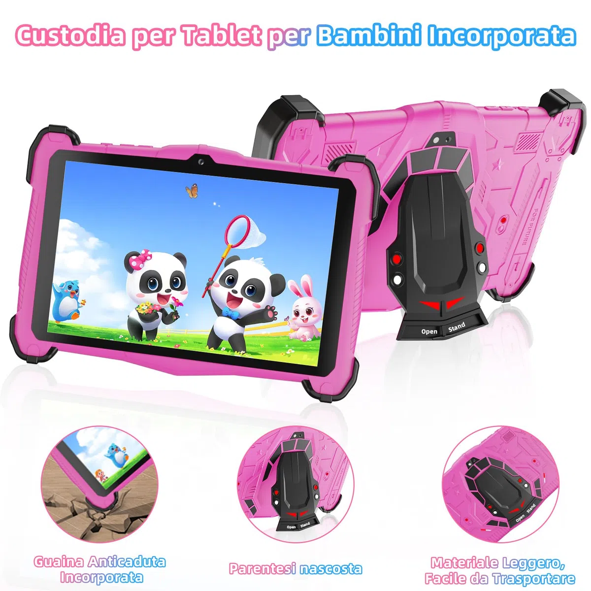 Tablet Bambini 7 Pollici Android 14 Octa-Core, 10 GB RAM + 64 GB ROM (TF 1 TB), Kids Tablet Educativo e Divertente, Controllo Parentale, WiFi, Bluetooth, Con Custodia Antiurto, Rosa