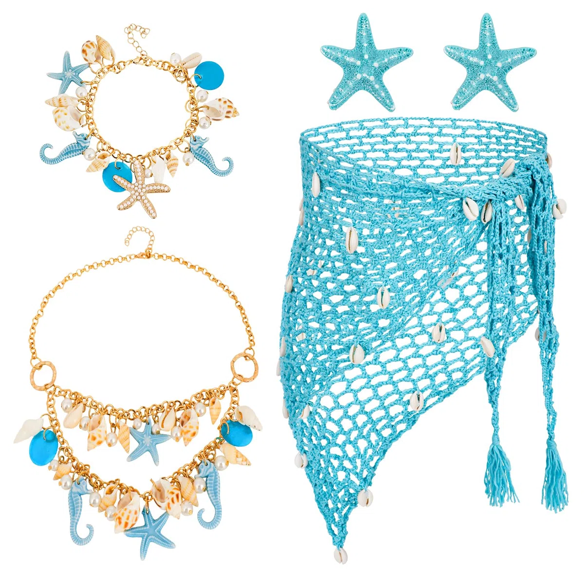 XEPST 5 pz Sirena Costume per le Donne - Sirena Costume Sirena Accessori Set con Sirena Crochet Gonna Cover Up Scialle Starfish Clip di capelli Shell Gioielli per costumi di Halloween Carnevale