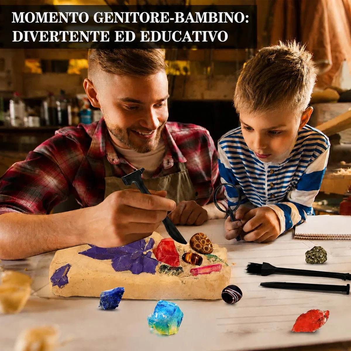 Kit di Scavo per Bambini con 15 Vere Gemme, Pietre e Cristalli da Scoprire, Gioco Educativo di Geologia, Regalo Archeologico per Bambini e Bambine