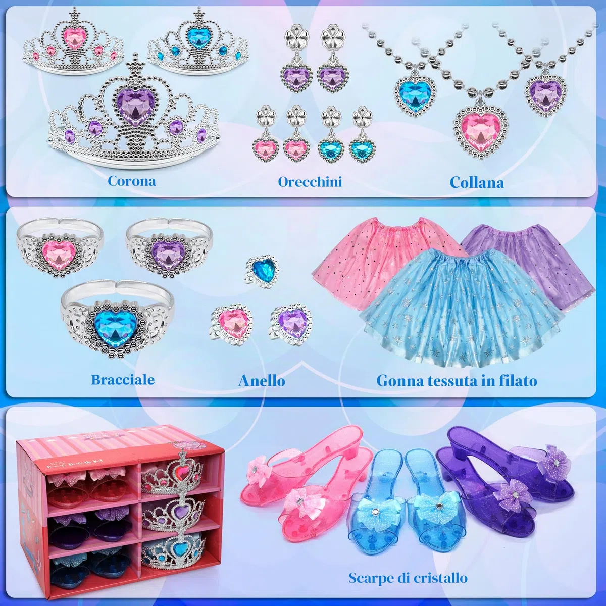 Principessa Vestire Abiti Ragazza - Costume Bambini con Robbe, Scarpe, Gioielleria, Giocattoli per Ragazze Età 3,4,5,6 anni, Scarpe Bambini Gioco di Ruolo Idea Regalo per Compleanno Natale