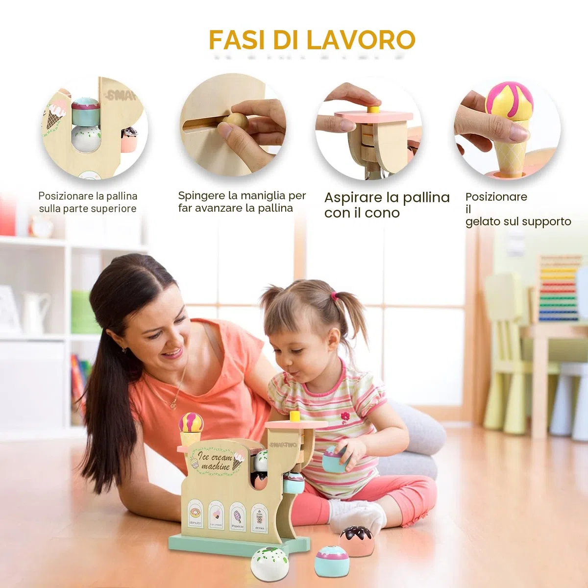 Gelatiera per Bambini in Legno, Giochi Gelato Bambina, Macchina Gelato Bambini, Cucina Giocattolo per Bambini, Accessori Cucina Legno, Regalo per Bambina 3 4 5 6 Anni