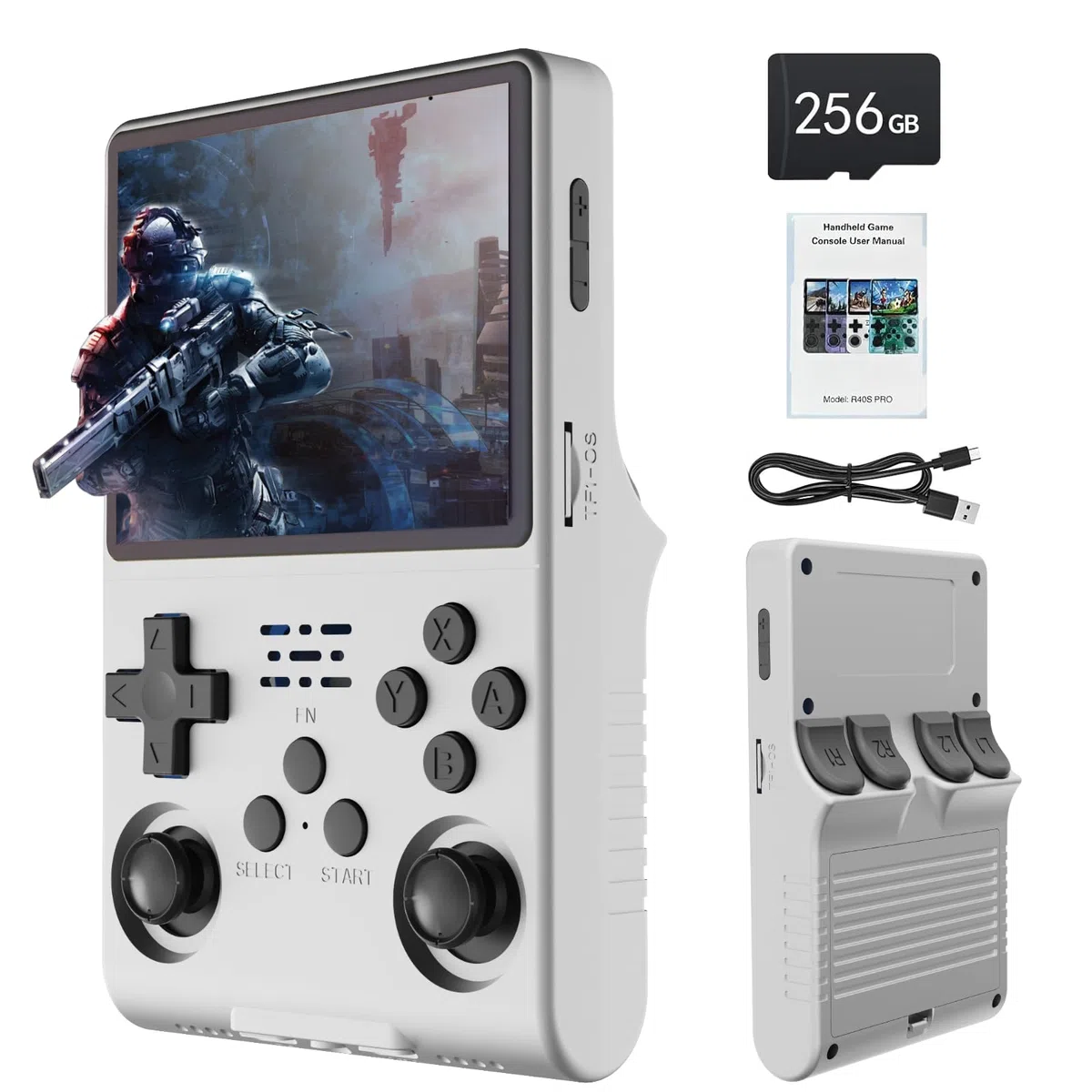 R40S - Console di gioco portatile, 30.000 giochi retrò in 1 console di gioco con sistema Linux open source, scheda TF da 256 GB, schermo IPS da 3.5" e batteria da 3800 mAh (Bianco)