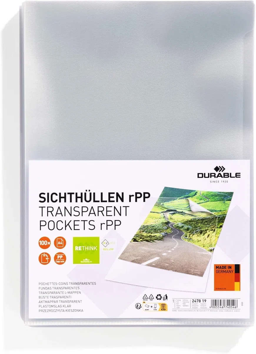 Durable Busta a L trasparente A4, in polipropilene riciclato, 100 pezzi, apertura laterale, 247819