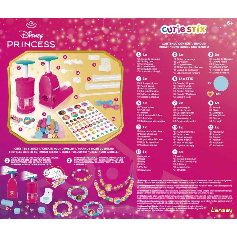 Lansay - CUTIE STIX - Set Principesse Disney - Kit Creazione Braccialetti per Bambini dai 6 Anni - Crea Perline con Stix Morfidi e Tatuaggi Disney - Attività Manuale Creativa Idea Regalo DIY