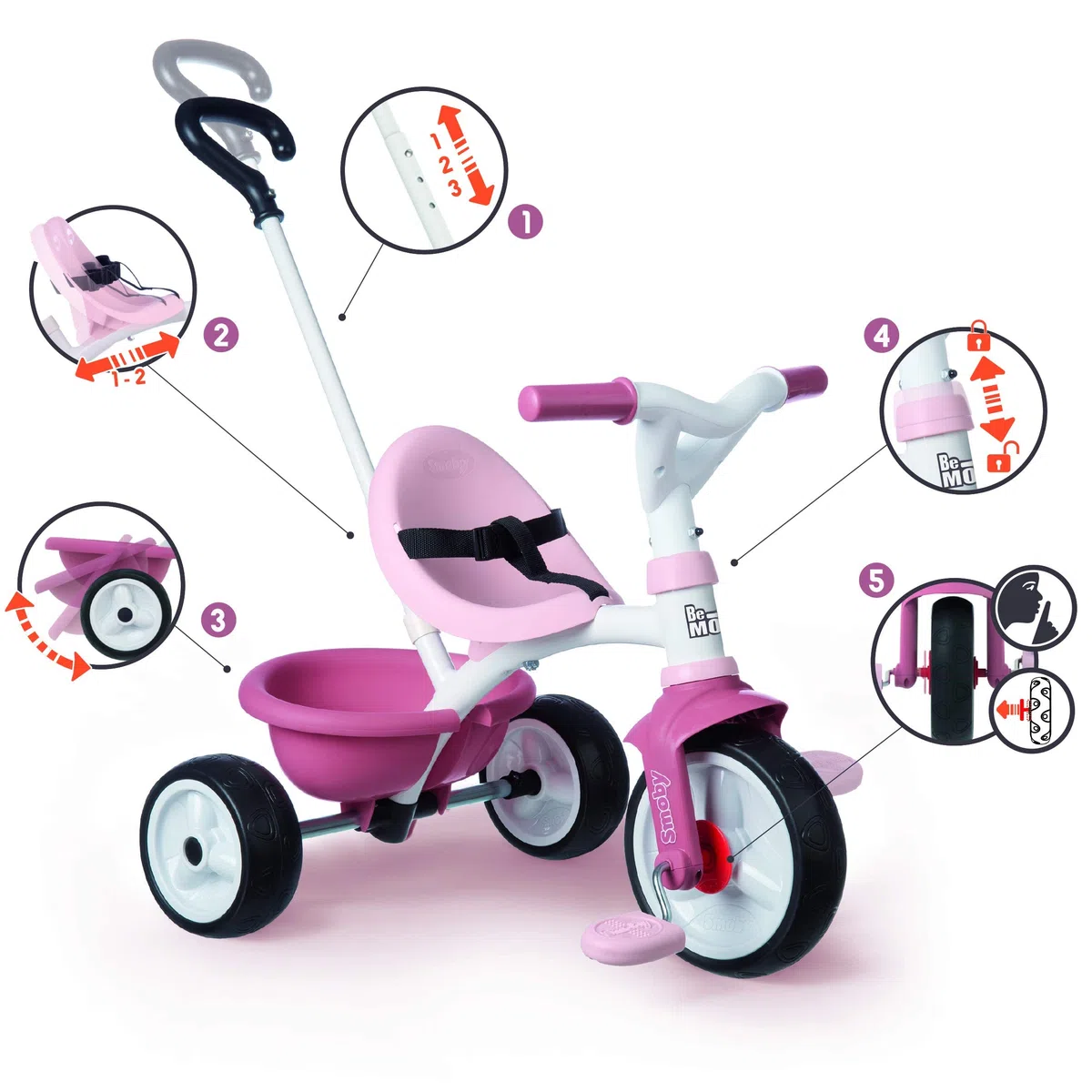 Smoby - Triciclo Be Move Girl, 7600740332, + 15 Mesi, Triciclo Evolutivo,Struttura di Metallo, Ruote Silenziose, Asta di Spinta