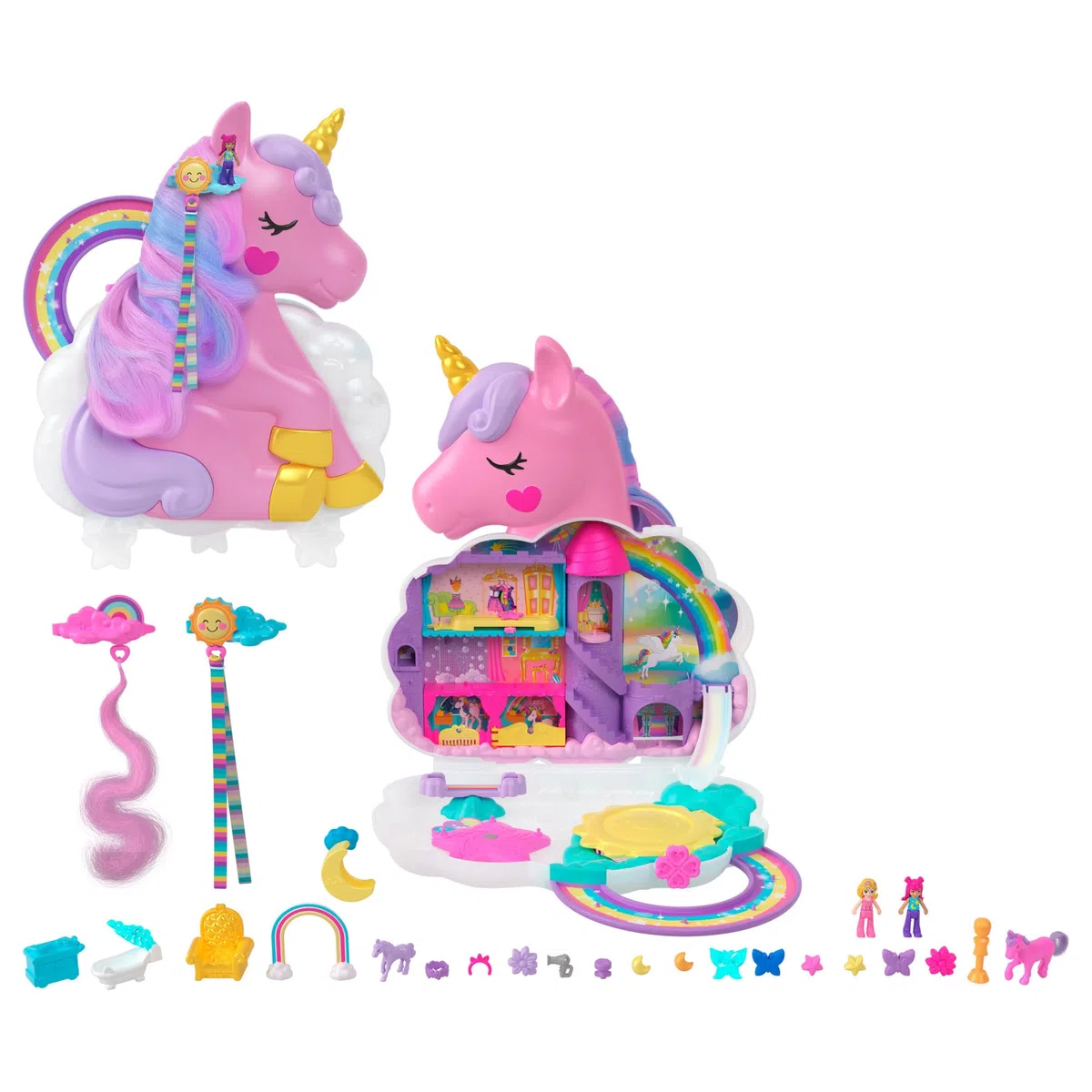 Polly Pocket - Salone di Bellezza Unicorno Arcobaleno, playset cofanetto con unicorno con testa pettinabile e 2 micro bambole, oltre 25 accessori, giocattolo per bambini 4+ anni, HMX18