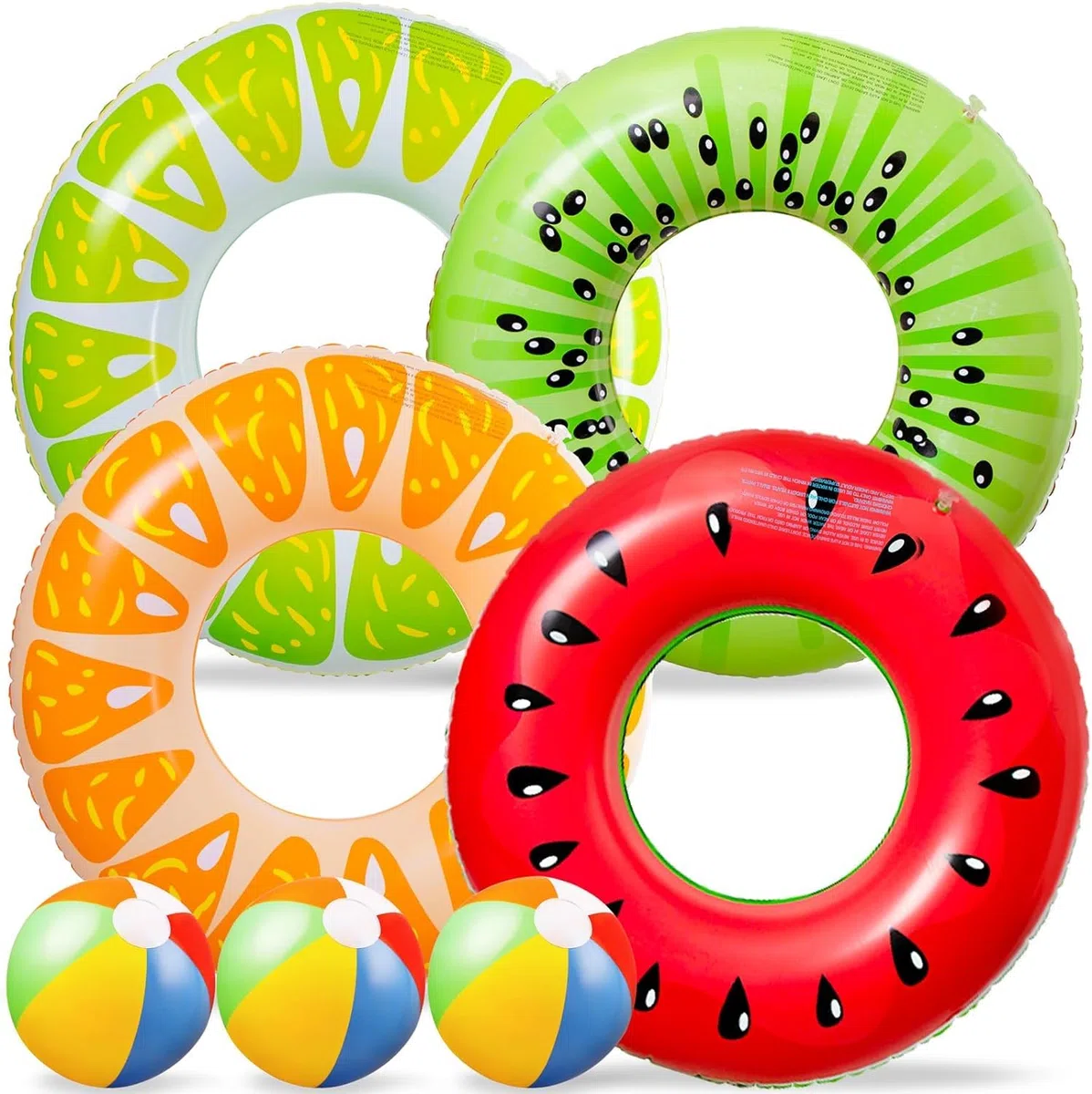 LATERN 7 Pezzi Frutta Galleggianti Gonfiabili dello Stagno, 4 Pezzi 75CM Anelli Tubi da Nuoto a Frutta con 3 Pezzi 35CM Palloni da Spiaggia - per Bambini Adulti Spiaggia Nuoto Piscina Festa