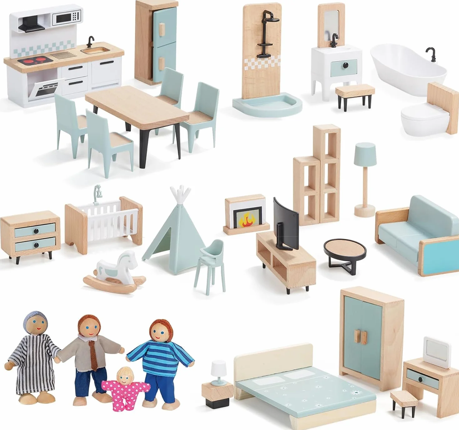 Giant bean Set di Mobili Casa Bambole Legno, 36 Mobili Casa Bambole con 4 Bambole di Famiglia, Accessori Casa Delle Bambole, Giocattoli Per Bambini dai 3 Anni In Su