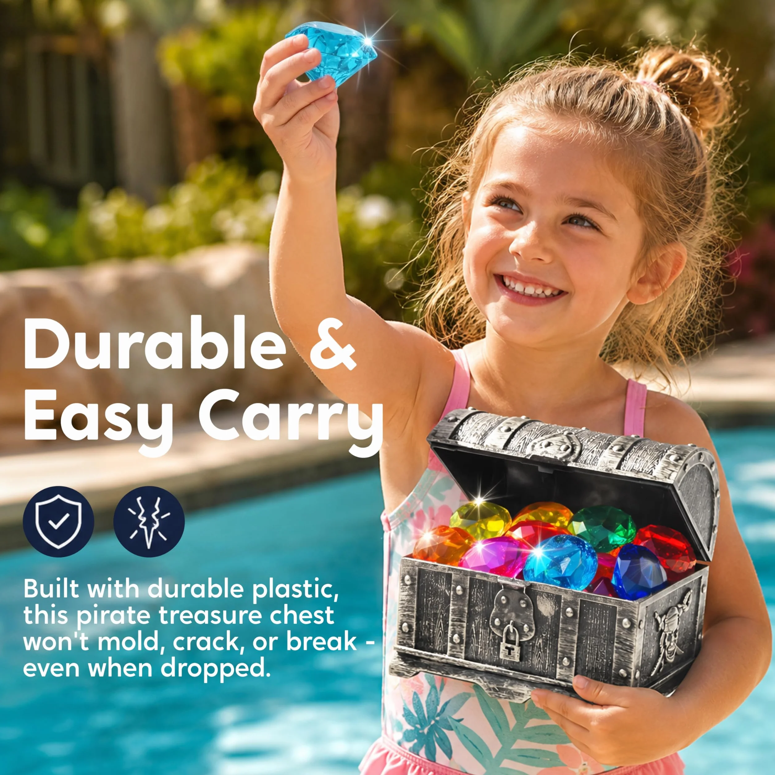Sloosh Giocattolo da Piscina Diving Gems, 16 Grandi Diamanti Colorati con Scrigno dei Pirati, Giocattolo subacqueo per Bambini con Gemme subacquee, Regalo per l'allenamento al Nuoto