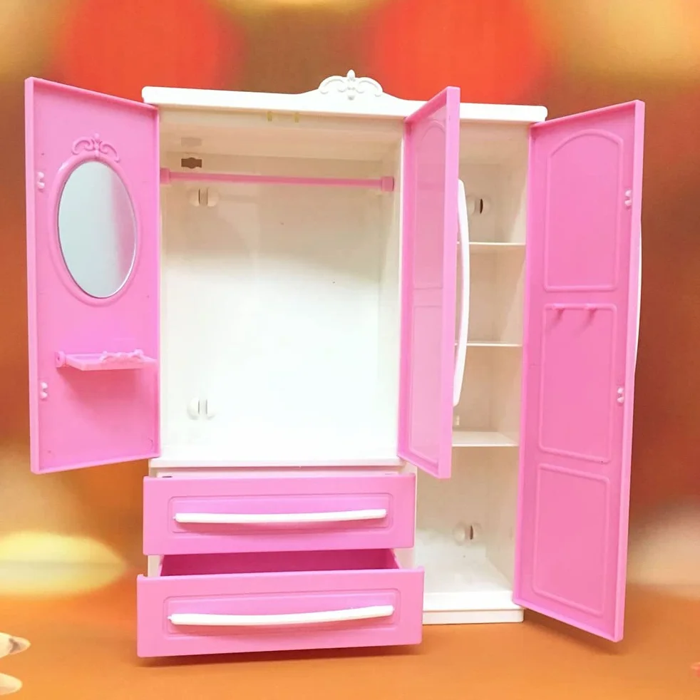 Armadio per bambola rosa con specchio e cassetto, con molteplici scomparti, mini armadio moderno, organizzatore di vestiti, accessori per casa delle bambole, mobili