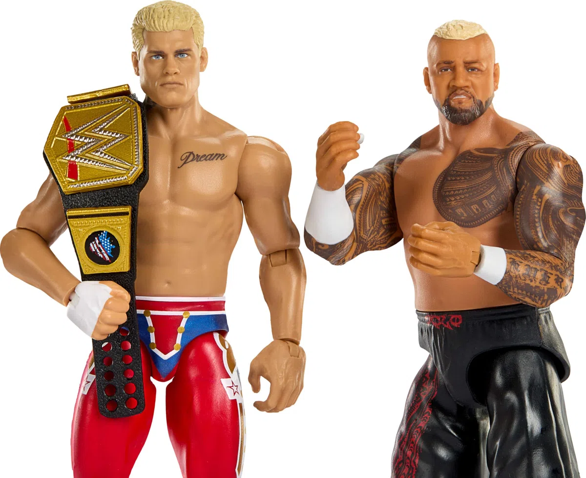Mattel WWE Main Event - The American Nightmare Cody Rhodes vs Solo Sikoa Series 24, set Showdown da collezione con 2 personaggi snodati e accessori inclusi, 6+ anni, JHJ54