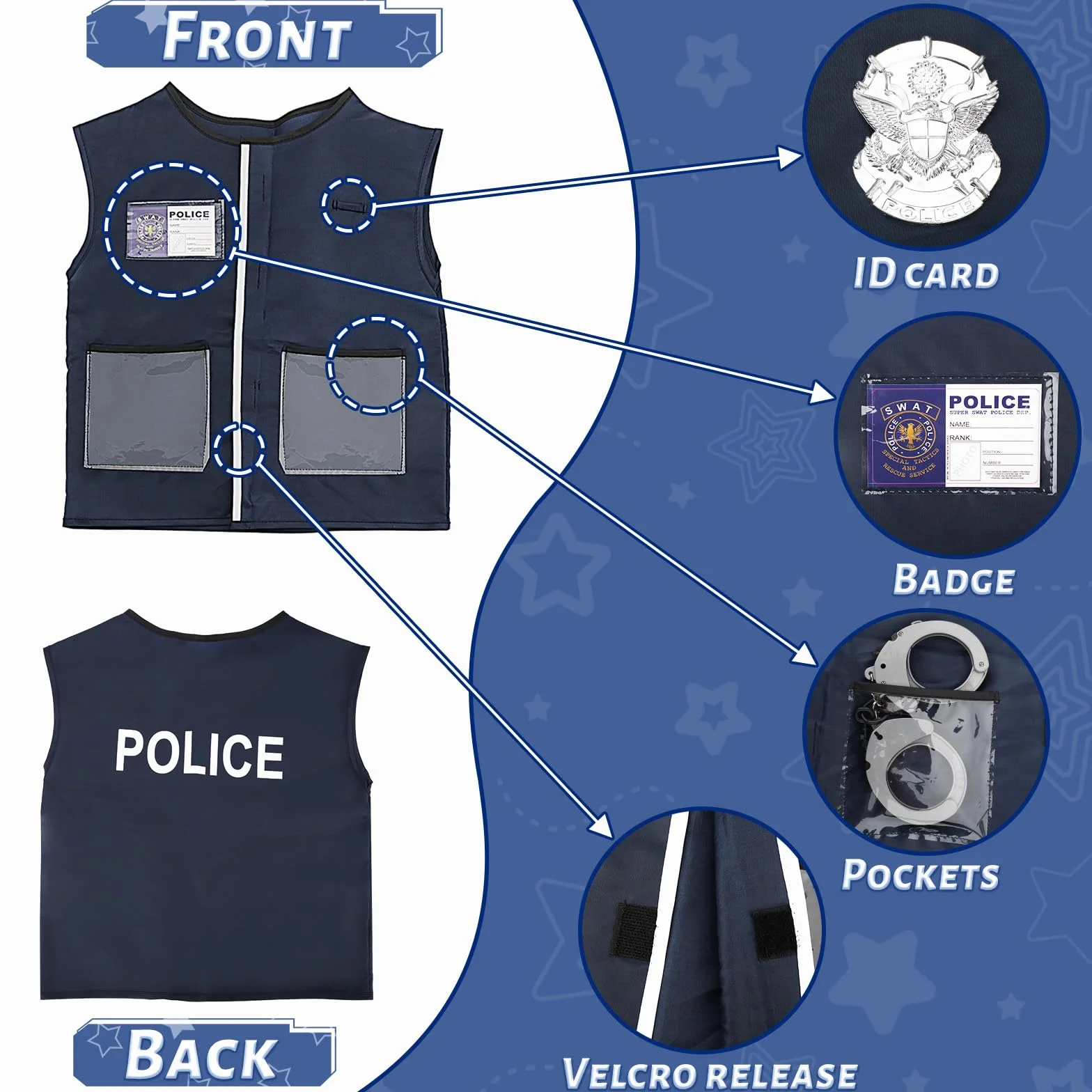 deAO Costume Poliziotto Bambini, Polizia Costume di Giochi di Ruolo con Cappello Uniforme Manette Walkie-Talkie Distintivo, e Altri Accessori, Polizia Giocattolo per Bambini Halloween Carnevale