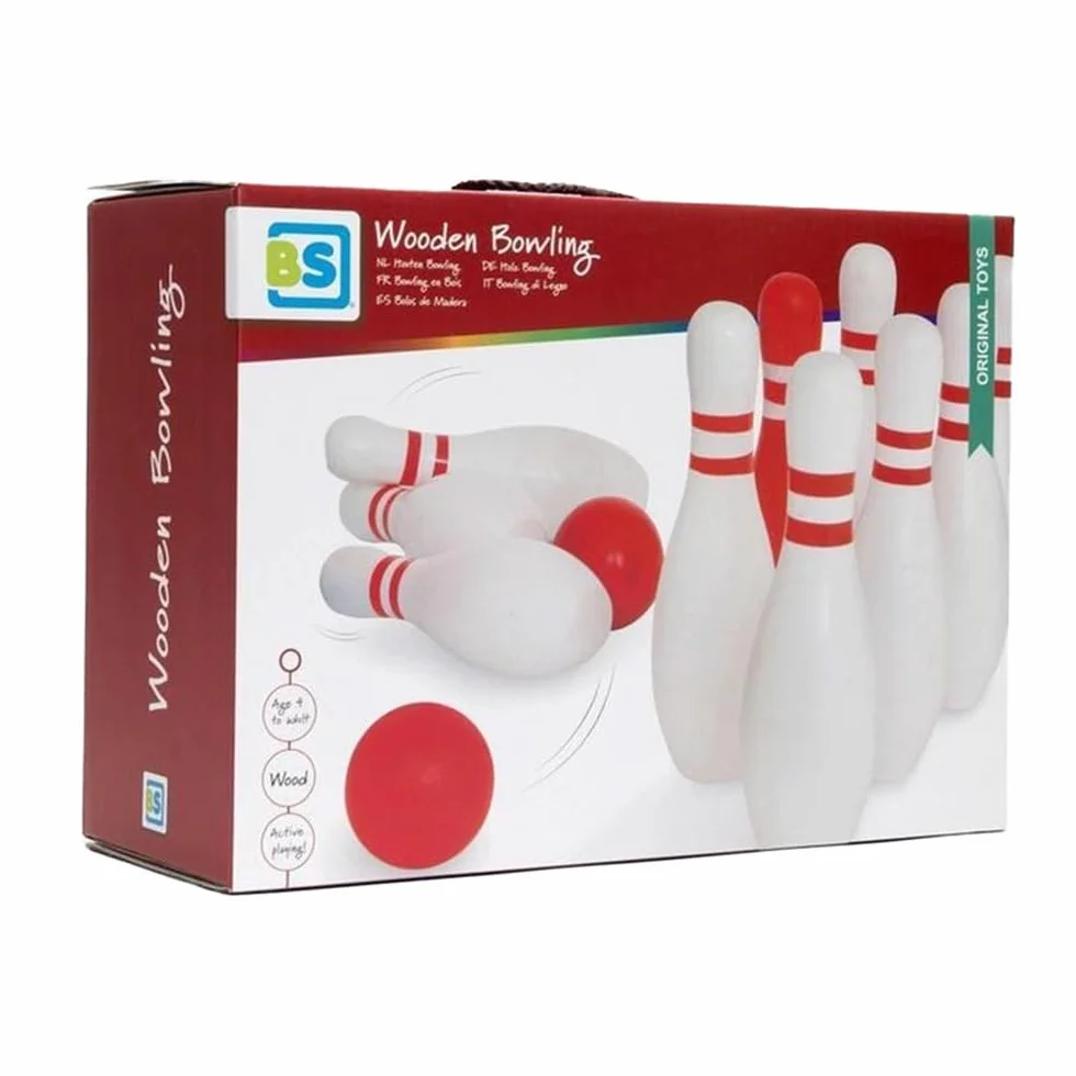 BS Toys Bowling in Legno - Birilli per Bambini & Adulti - Per Interni & Esterni - Giochi da Tavolo - Ideale per Bambini dai 3 Anni - Betulla di Alta Qualità - Set Blu, Rosa & Giallo