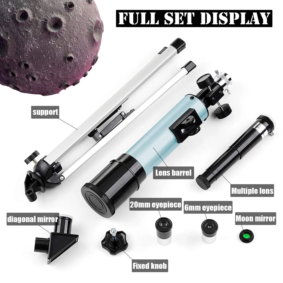 Telescopio astronomico per bambini, telescopio astronomico professionale 90X con treppiede, 2 oculari di ingrandimento, lente di Barlow 1,5x, giocattoli educativi per bambini