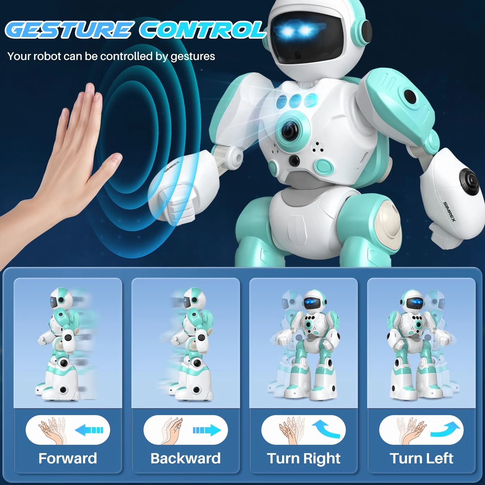 SIMREX Robot Bambini Giocattolo, Ricaricabile e Proiettibile, RC Robot con Occhi LED e Musica, RC Giocattolo con Sensore di Gesto per da 3 4 5 6 7 8 anni Ragazzi e Ragazze Regalo, Blu chiaro