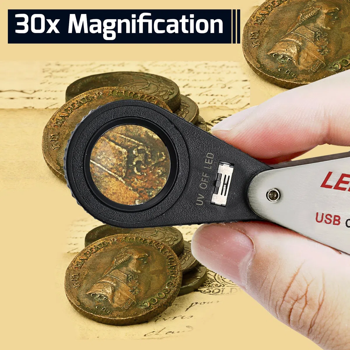 Lente d'Ingrandimento Illuminata da Gioielliere 30x, Lente Pieghevole Ricaricabile con LED e Luce UV per Gemme, Gioielli, Monete, Francobolli, ecc.