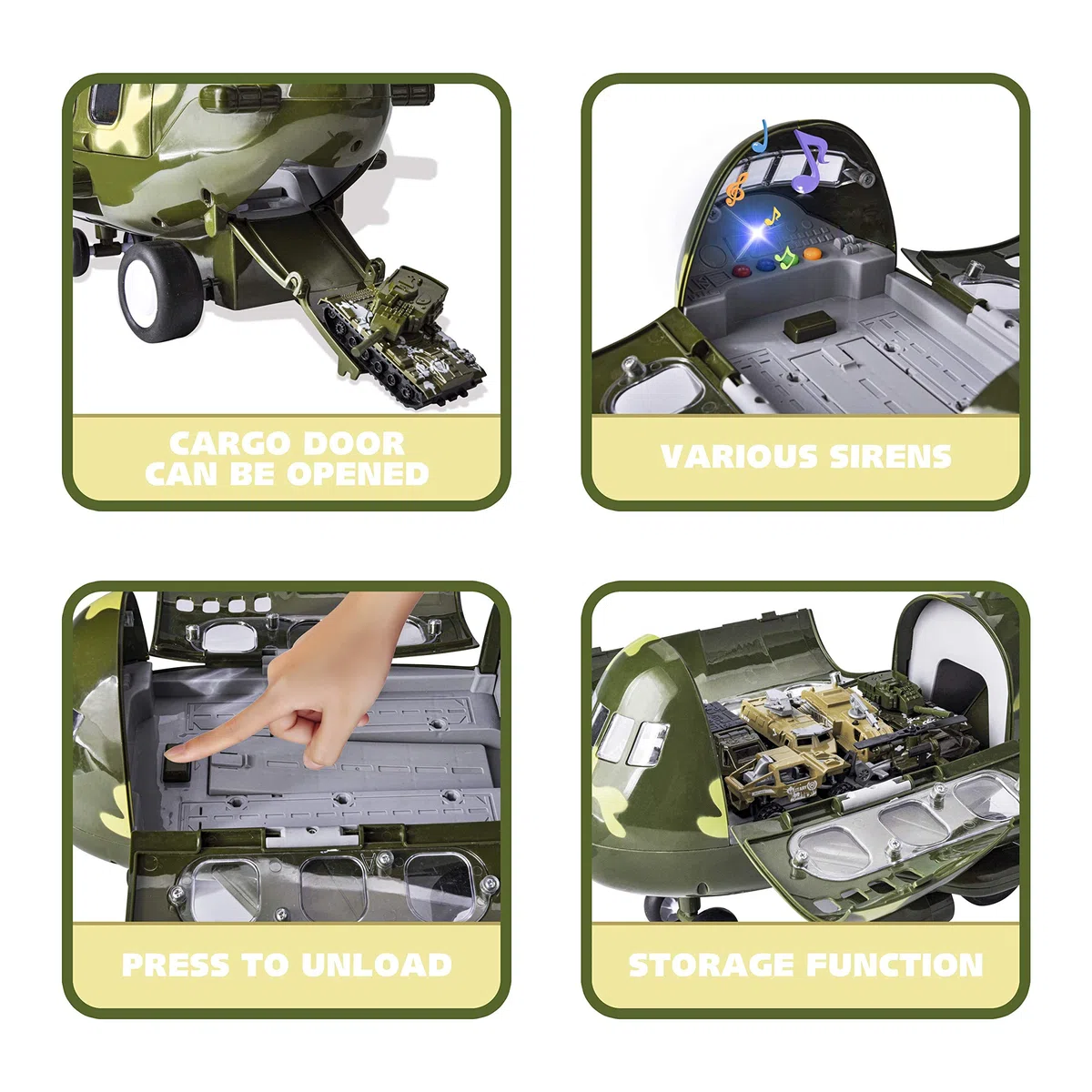 JOYIN 15 PZ Giocattolo Aereo da Trasporto Cargo Militare ad Attrito con Auto Militari Pressofuse Inclusi 6 Giocattoli Pressofusi per Veicoli Militari e Action Figures