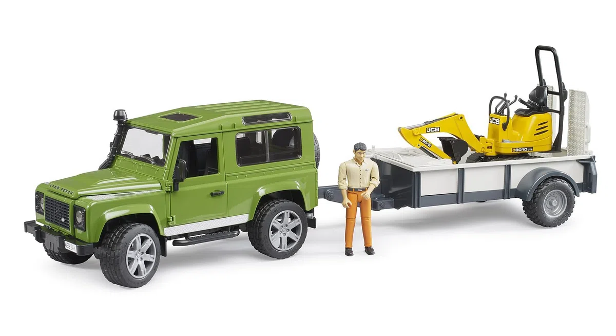 bruder 02593 - Land Rover Defender Station Wagon con rimorchio monoasse, microescavatore JCB 8010 CTS, operaio edile