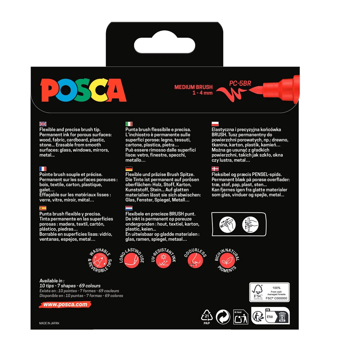 POSCA 184058 - Set di pennarelli a pennello POSCA, 8 marcatori acrilici con punta a pennello, pennarelli PC-5BR adatti a quasi tutte le superfici