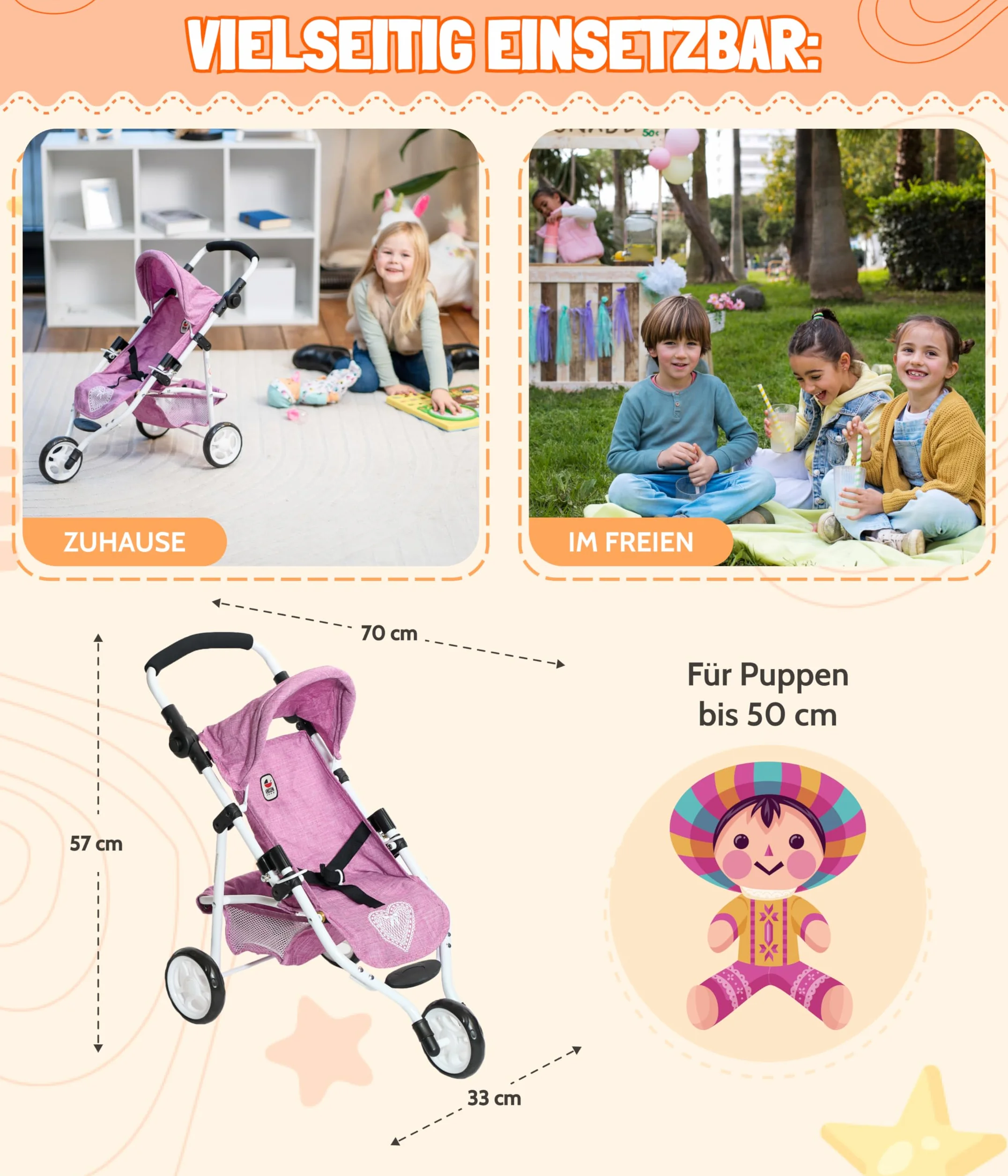Bayer Chic 2000 - Passeggino per bambole Lola, Passeggino da jogging, Bambola, Passeggino per bambole, Butterfly, 612-33, Navy, Rosa