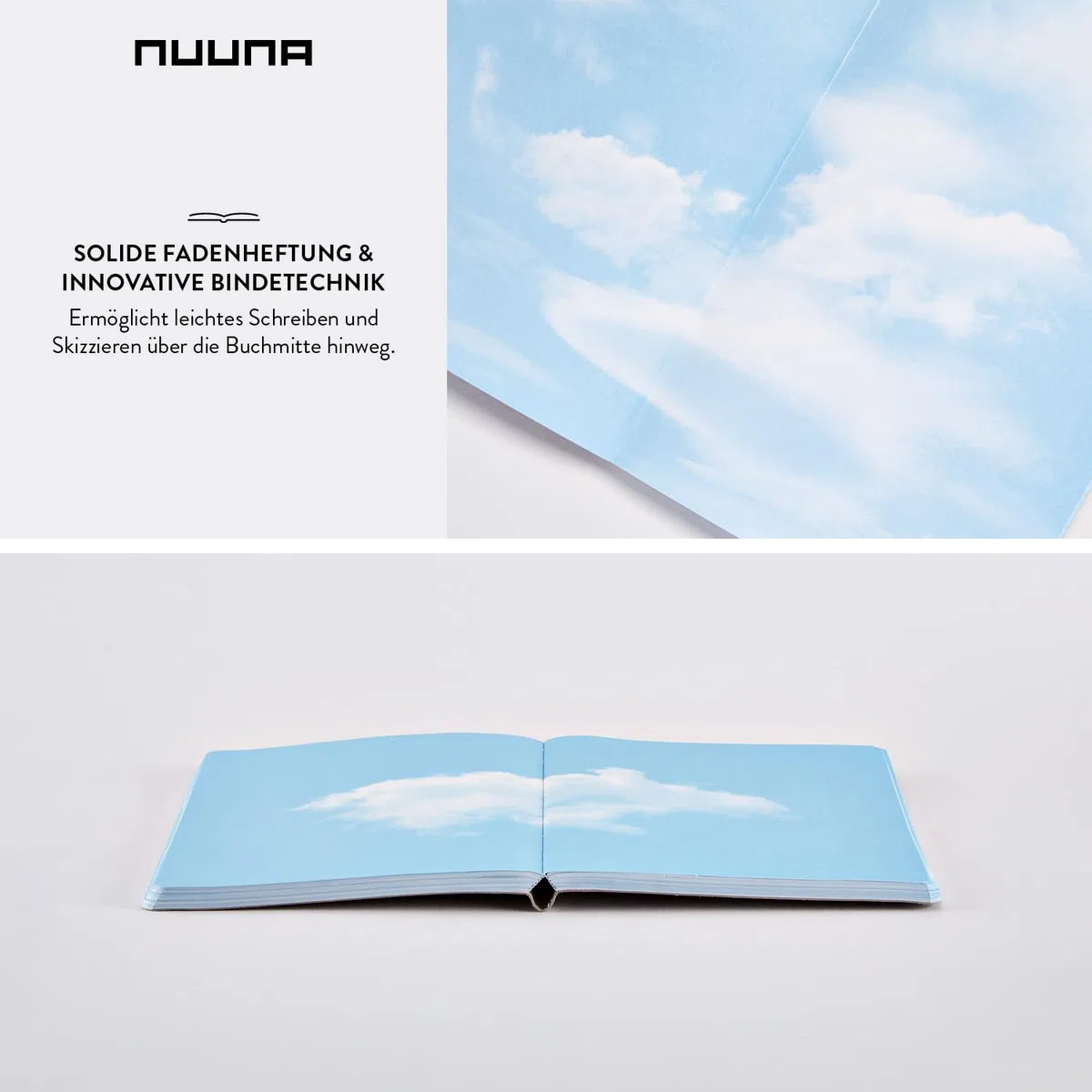 nuuna Inspiration Book M Quaderno A5, pagine colorate blu nuvola con motivi, 120 g, carta di alta qualità, JeansLabel grigio, prodotto in Germania in modo sostenibile