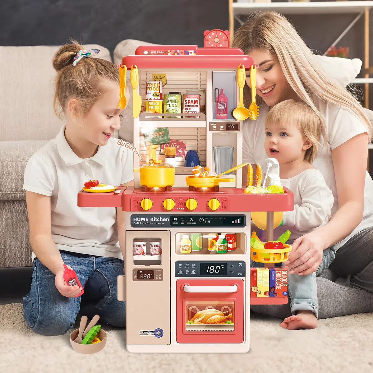 deAO Kitchen Toy Cucina per bambini con suoni e luci, vapore, 50PCS accessori da cucina per bambini include piatti, cibo, lavello, forno e piastre di cottura giocattoli, set da gioco, Rosa
