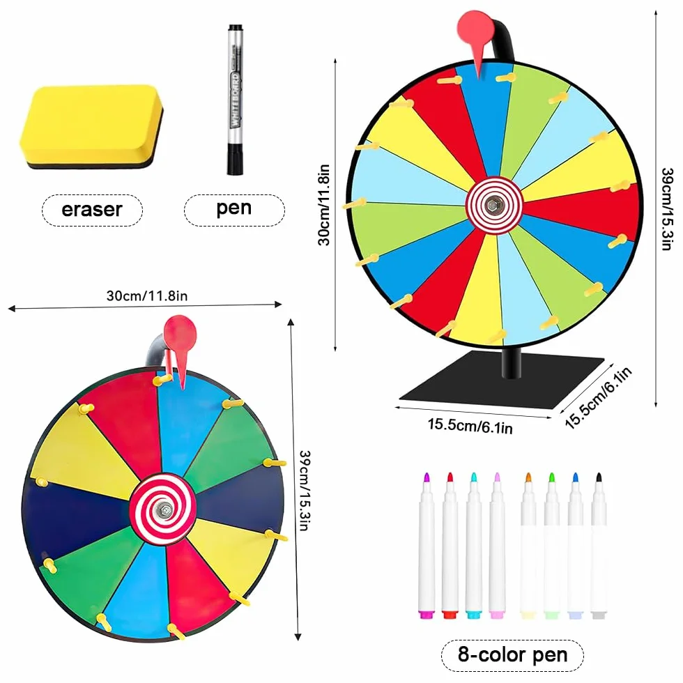 Ruota della Fortuna, 1x10 Slot Ruota Girevole per Premi, 1x 15 Slot Ruota Premio da Tavolo Spinning con Gomma e pennarelli, Gioco Ruota della Fortuna dei Colori per Fiere Feste Pub Carnevale