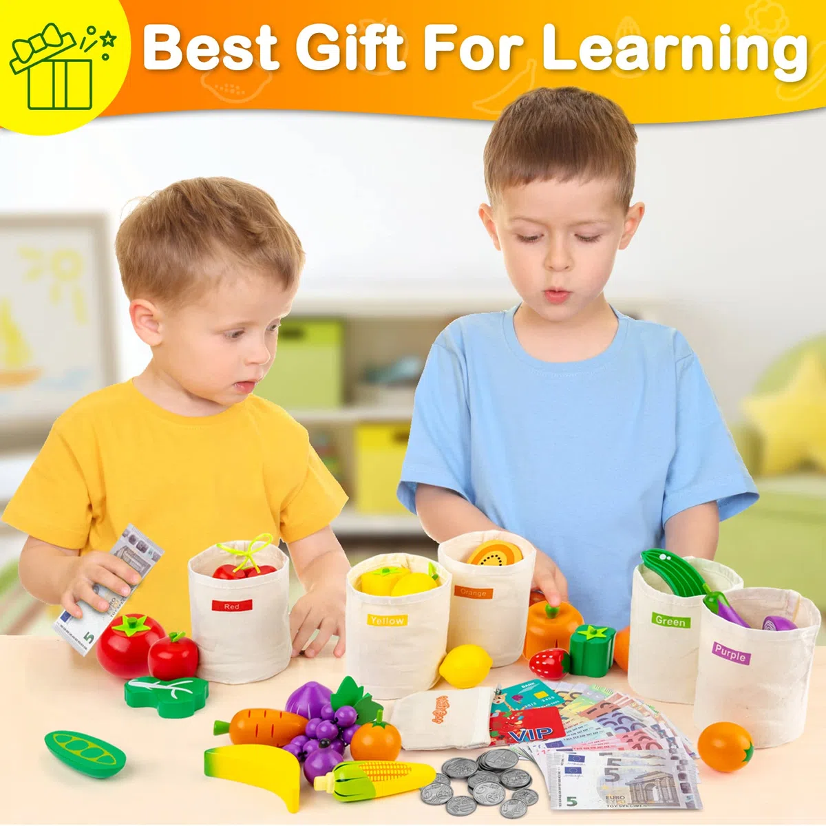 SEMKOTREE Cucina Bambini, Cibo Giocattolo per Bambini Giochi Montessori in Legno Negozio Bambini Legno con Soldi Finti, Giochi di Ruolo Ragazzo e Ragazza Giochi Educativi 3+ Anni