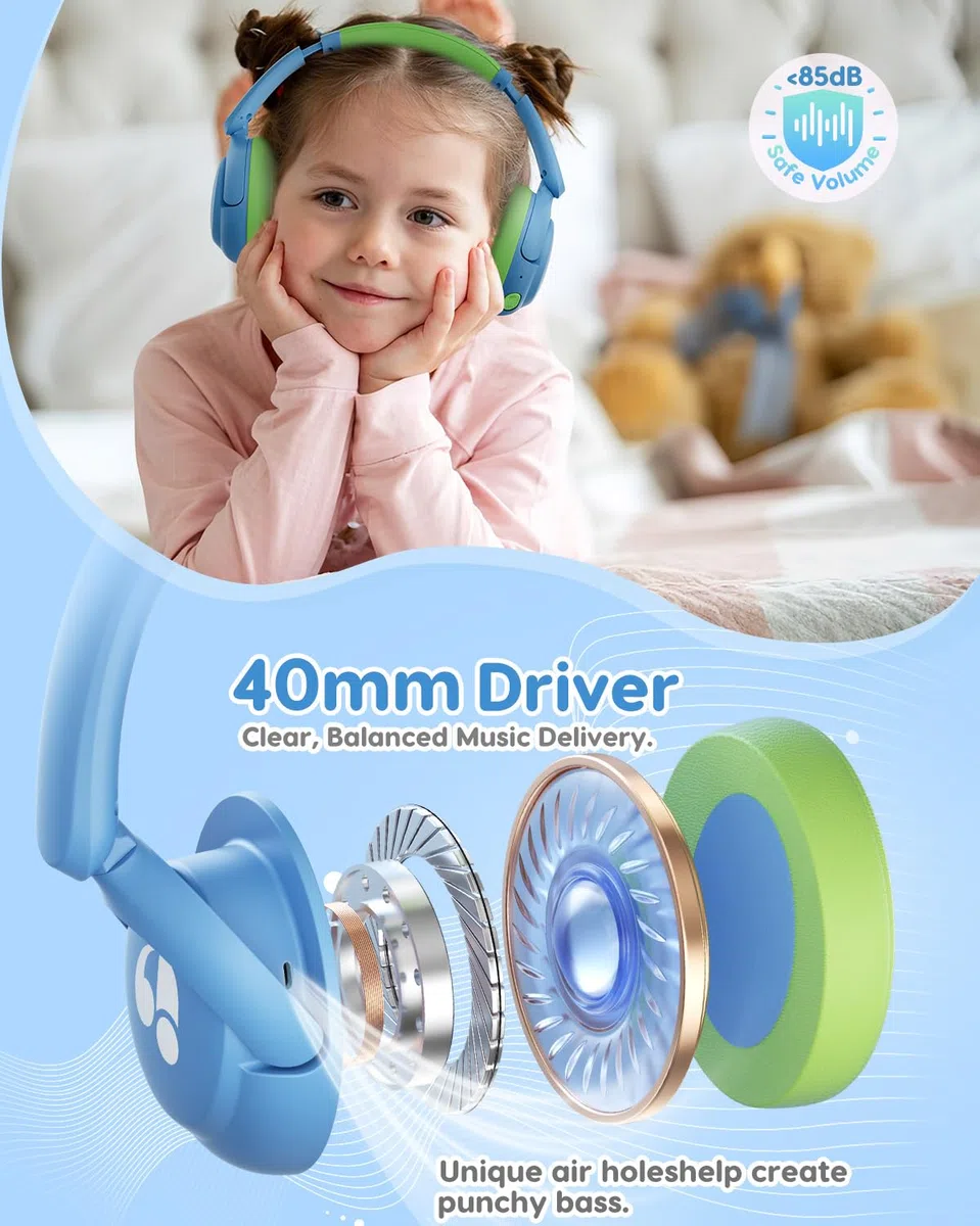 awatrue Cuffie Bluetooth per Bambini, Tasti Giganti & Microfono Integrato, Bluetooth 5.4 + Cavo AUX, Durata Della Batteria di 75 Ore, per l'uso a Scuola/in Viaggio (Bleu Vert)