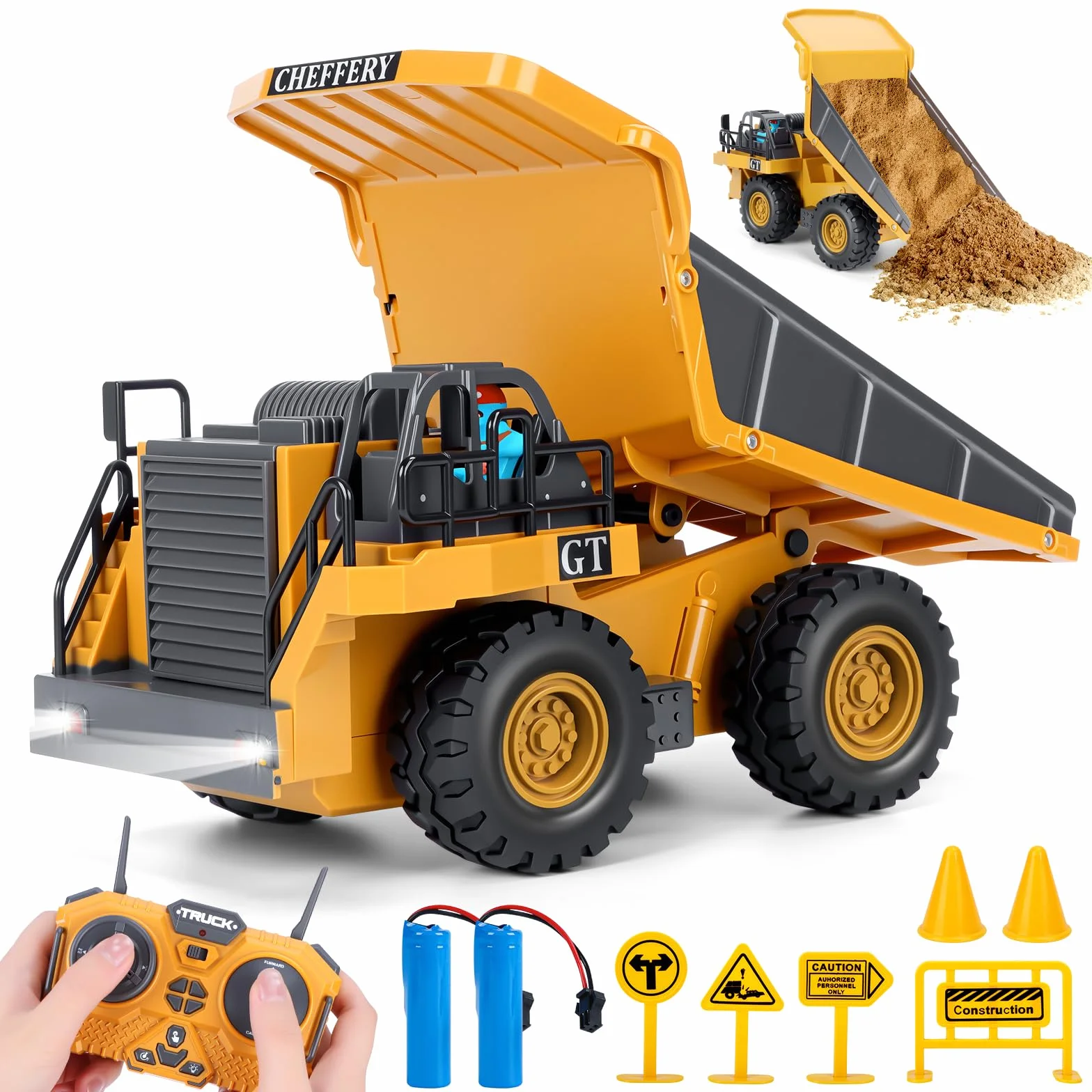 Camion Ribaltabile Telecomandato, 2.4GHz Veicolo da Costruzione RC per Bambini, 9 Canali Camion Radiocomandato con Luci e Suoni, Camion Telecomandato per Ragazzi e Ragazze dai 3 anni