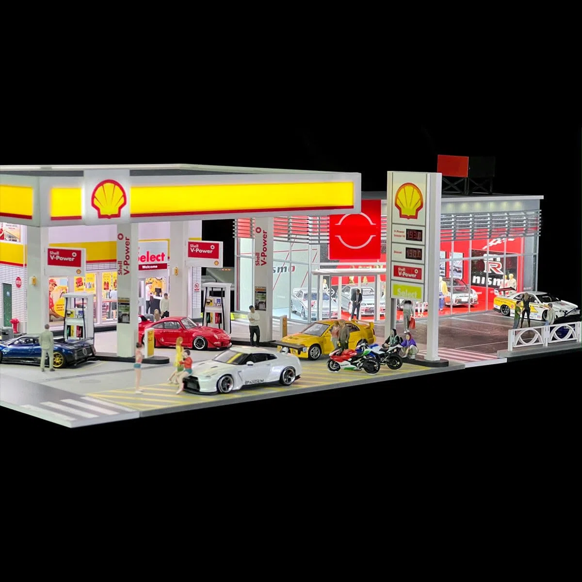 1:64 Shell Petrol Station Model Scene, edificio in miniatura con illuminazione e accessori, set di diorama realistico per auto e collezionisti di display