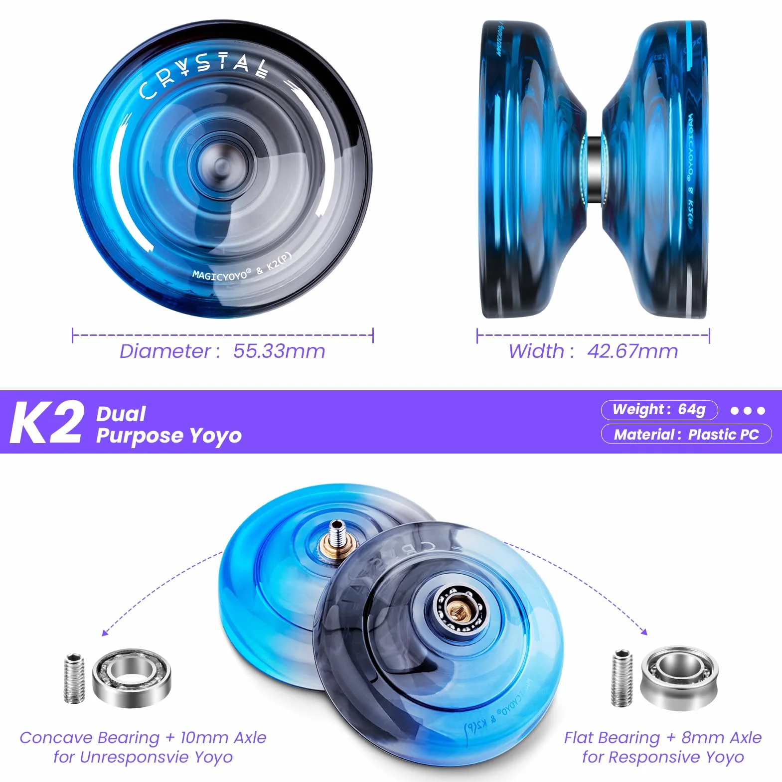 MAGICYOYO Yoyo reattivo per bambini K2 Crystal Black Blue, 2 in 1 - Yo Yo Yo reattivo e non responsivo, Yoyo trucco con rotazione delle dita con cuscinetto non responsivo, 12 corde, borsa Yo-Yo