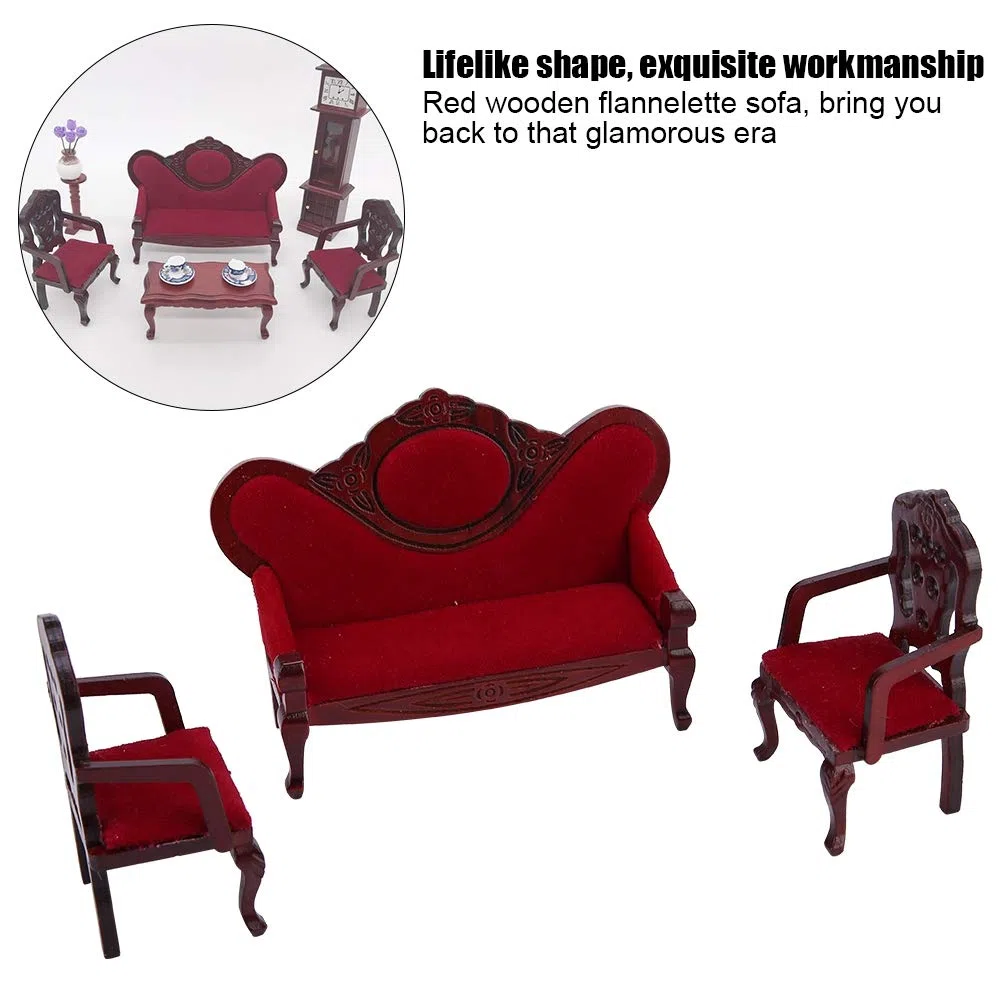 Divano vintage per casa delle bambole e sedie abbinate, un set di divani per casa delle bambole con struttura in legno artigianale per diorami da soggiorno in miniatura