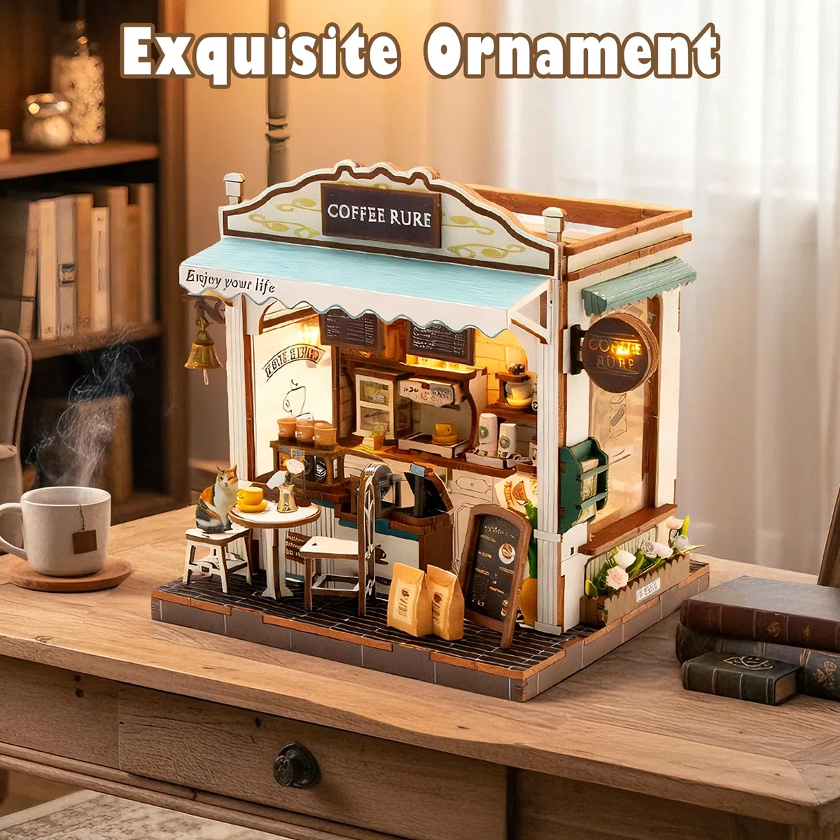 Cuteefun Casa delle Bambole in Miniatura con Luci LED, Kit Creativo Fai da Te, Oggetto Decorativo, per Adulti e Adolescenti, Idea Regalo per Natale e Compleanno (Caffè-Bar)