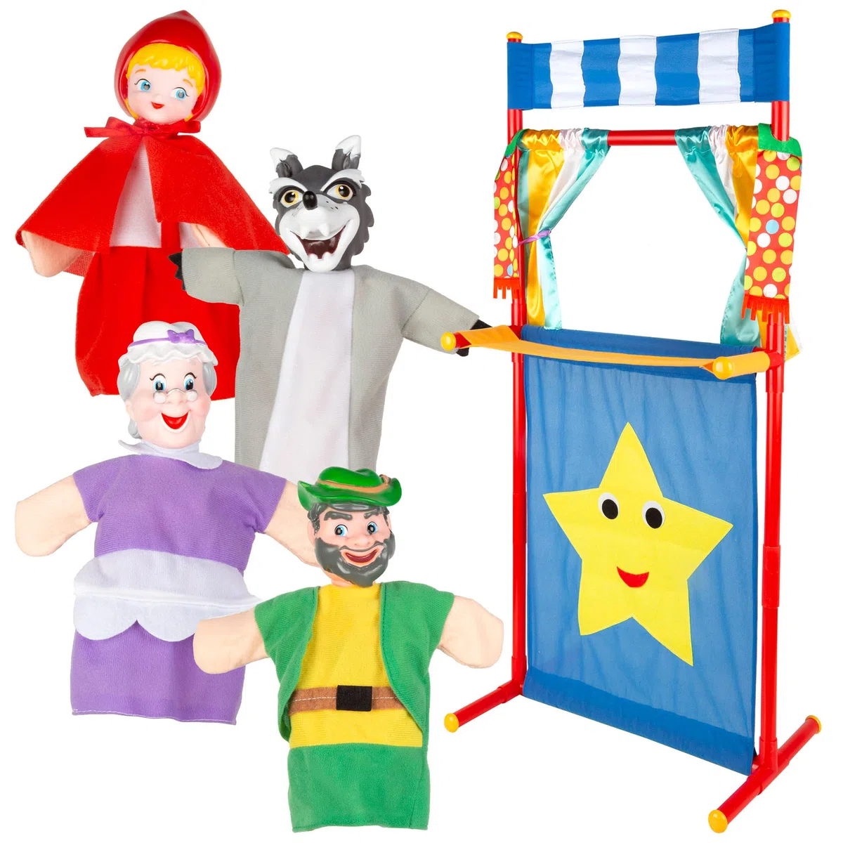 COLORBABY Cucu Show Set Teatro Burattini Cappuccetto Rosso, 4 Pupetti Personaggi 25 cm di Racconta, Materiali Morbidi e Sicuro, Giocattoli per Bambini per Giocare in Gruppo o Trascorrere del Tempo in