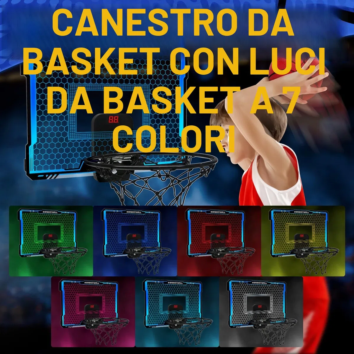 Yimore Canestro Basket da Camera, Mini Canestro Basket per Bambini Giocattoli Sportivi con Punteggio Automatico e 7 Colori LED