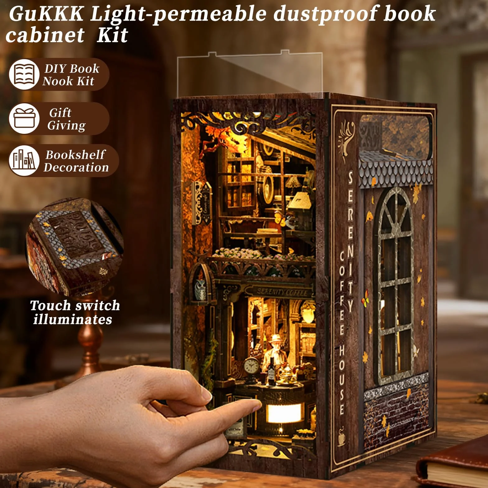 GuKKK Book Nook Kit, Own Bookstore Booknook Puzzle in Legno 3D, Costruzione di Modellini con Mobili e Luce LED in Legno Book Scaffale Inserto Decorazione, Regalo di Vacanza (Caffetteria)