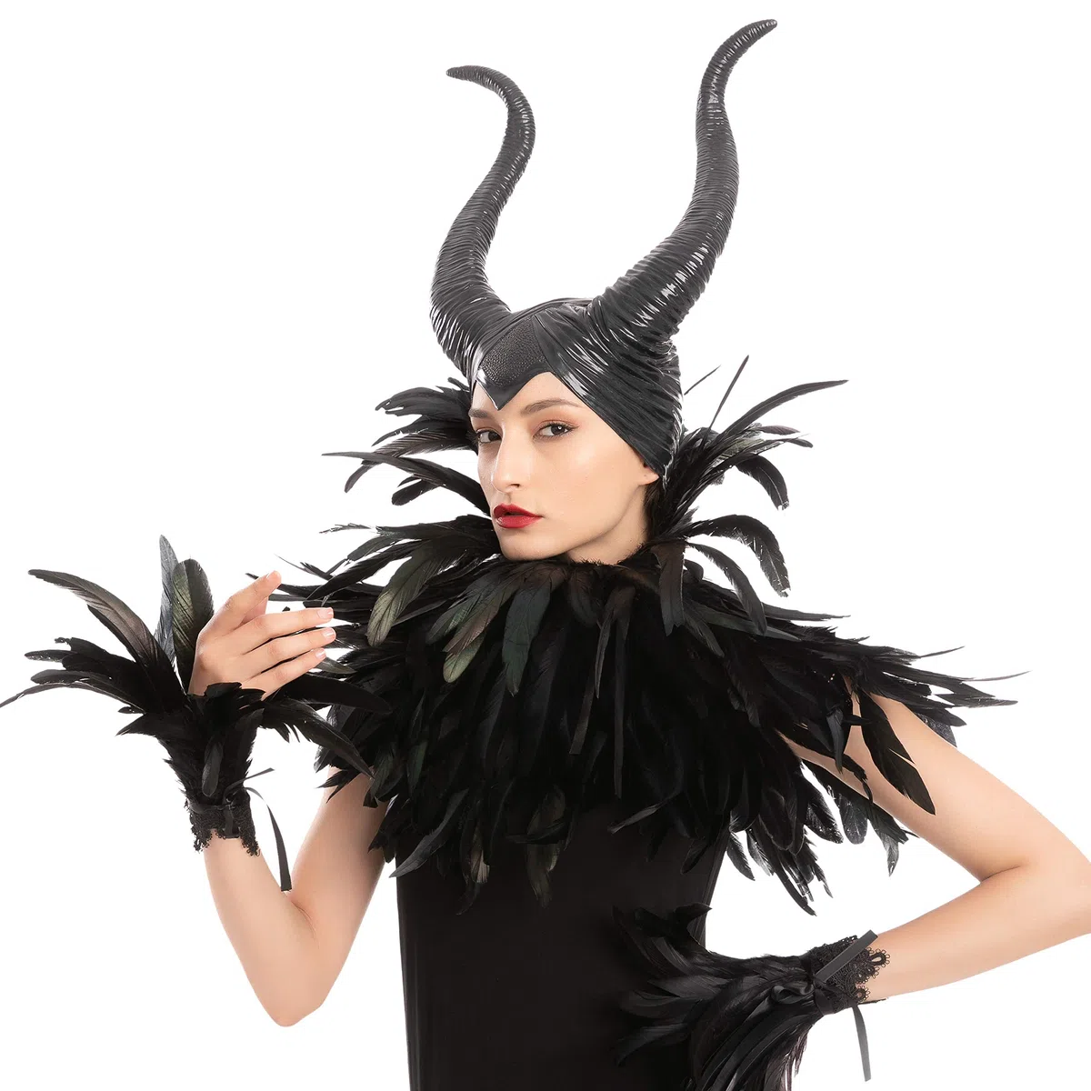 Spooktacular Creations Set di accessori Black Evil Queen con corno, scialle di piume e polsini di piume per Halloween Cosplay Party Gothic Crow Costume Dress Up