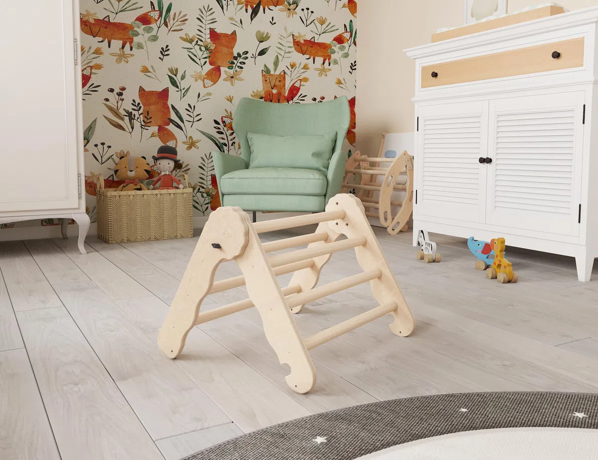 MAMOI® Triangolo in legno naturale per bambini, Parete arco arrampicata per uso interno, Percorso a partire