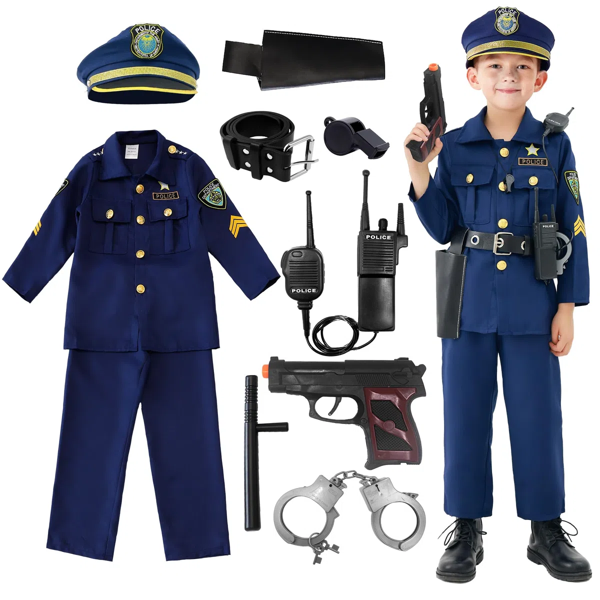 Costume da Polizia Deluxe con Manette, Walkie-talkie Fischietto, Bastone, e altri Accessori della Polizia per Abiti da Poliziotto