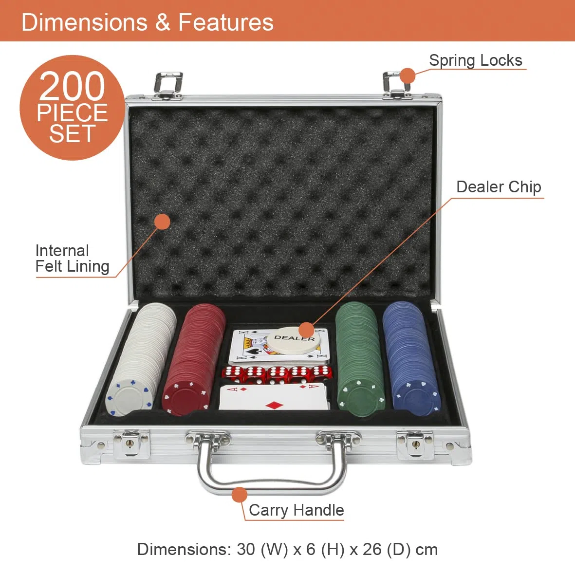 Global Gizmos - Set di Chip, Dadi e Carte da Poker in Custodia di Alluminio, 200 pz