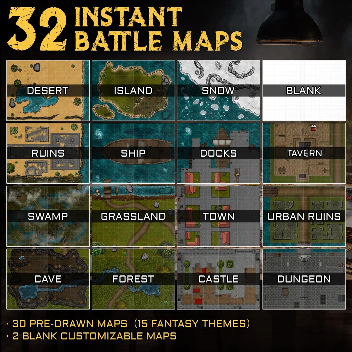 DND Battle Map Book - 32 tappetini riutilizzabili cancellabili a secco/bagnato con oltre 100 decalcomanie paesaggistiche, griglia da 2,5 cm e rilegatura piatta - Kit di giochi di ruolo portatile per