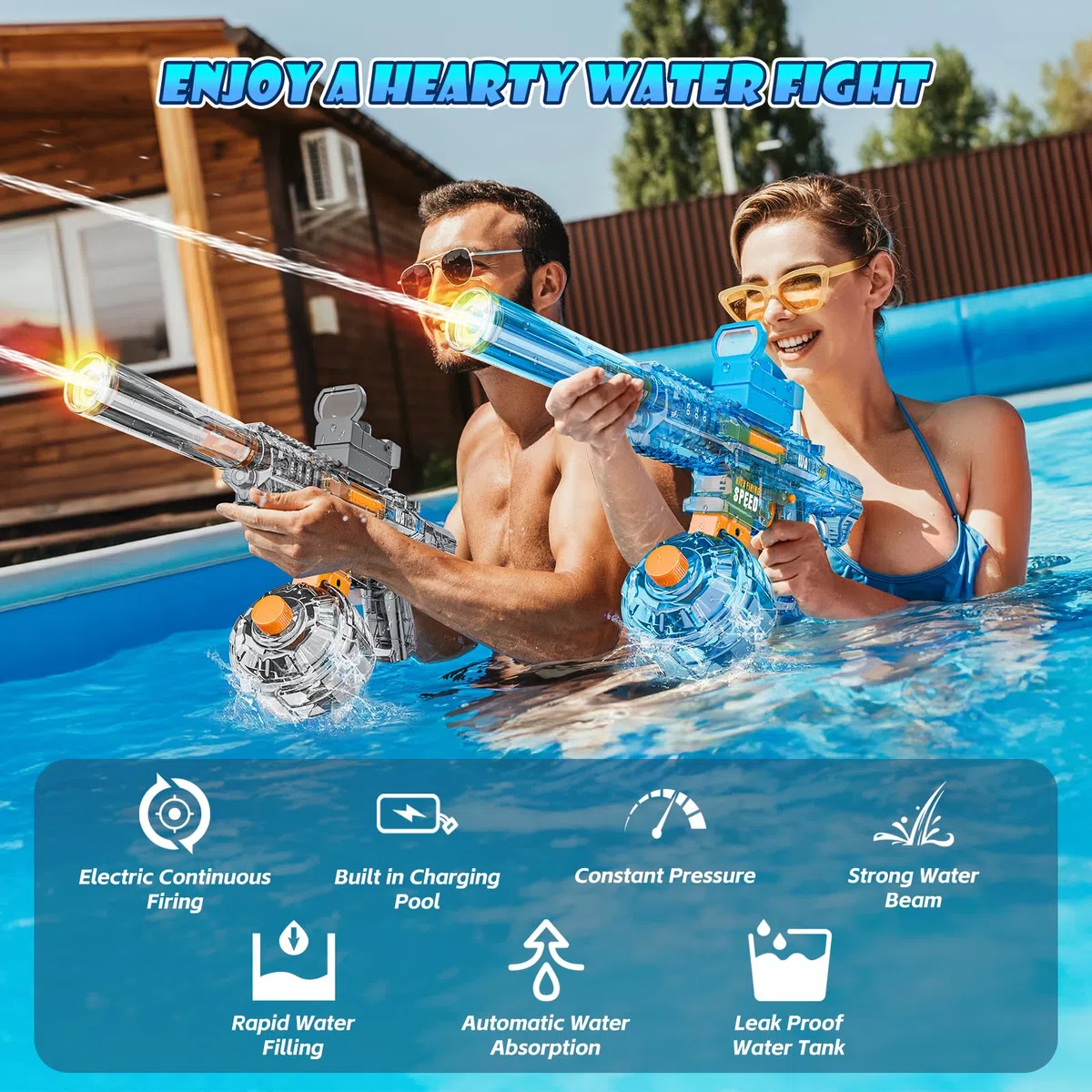 Pistola Elettrica ad Acqua per Adulti Bambini, Pistola ad Acqua Con Effetti Lampeggianti a Led, Fucile ad Acqua Automatico A Lunga Gittata per Feste, Piscina, Spiaggia (blu)